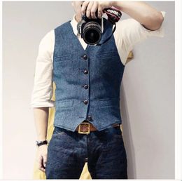 Men's Suit Vest Blue Single Breasted Woollen Blended Mens Vest Denim Jeans Waistcoat Jacket Slim Fit Casual Formal Business 240106