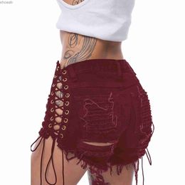 Women's Shorts Women Sexy High Waist Lace Up Denim Shorts Summer Women Ripped Holes Side Bandage Booty Shorts Mini Hollow Out Party Shorts YQ240108