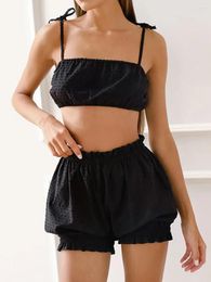 Women's Sleepwear Marthaqiqi Summer Ladies Nightwear Set Sexy Lace Up Spaghetti Strap Crop Top Pajamas Shorts Home Clothes For Women