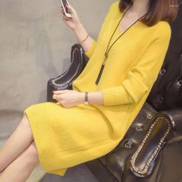 Women's Sweaters Fall Winter Women Sweater Dress Solid Colour Thick Knitted V Neck Long Sleeve Soft Warm Loose Knee Length Pullover Elastic