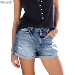 Women's Shorts Fashion Mid Waist Button Splicing Broken Holes Denim Shorts Women Casual Stretch Three Quarter Pants Female Straight Mini Jeans YQ240108