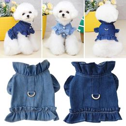 Dog Apparel Denim Jacket Jeans Lapel Vest Pet Harness Puppy Clothes Blue Dress Ruffles Leash Hook 2024