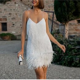 2023 New sexy tassel sequin feather mini dress for women Italian spaghetti shoulder strap patchwork dress for women elegant evening dress party club dress 240108