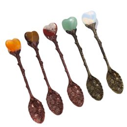 200pcs Coffee Teaspoon Carved Energy Copper Spoon Natural Crystal Heart-shaped Spoons Healthy Quartz Decoration BJ