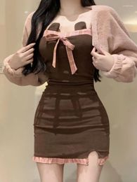 Work Dresses Pink Kawaii Two Piece Set Women Korean Elegant Sweet Party Mini Dress Suits Female Plaid Cute Short Warm Coat 2024