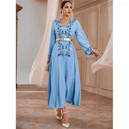 Ethnic Clothing 2024 Autumn Muslim Abaya Embroidery V-neck Long Maxi Dresses Turkey Party Eid Kaftan Islamic Robe With Belt Vestidos Middle