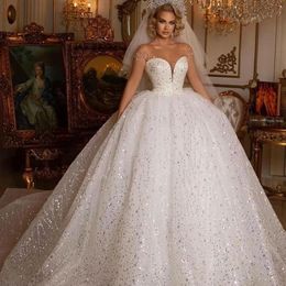 Luxury Sequins Wedding Dress For Women Princess Ball Gown Sheer Sweetheart Tulle Beaded Cap Sleeve Bridal Gowns Vestidos De Noiva Custom Made