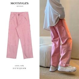 Summer Pink Jeans Men Fashion Retro Pocket Cargo Jeans Men Streetwear Hip Hop Loose Straight Denim Pants Mens Trousers S-3XL 240106