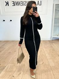 Elegant Patch Work Women's Knitted Midi Dress Fashionable Standing Neck Long Sleeve Tight Fit Dress 2023 Autumn Women's Street Clothing Robe 240108