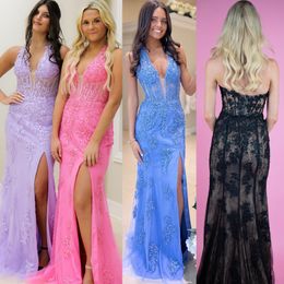 Halter Lace Formal Party Dress 2k24 Corset Bodice Fitted Lady Pageant Prom Evening Event Special Occasion Gala Cocktail Red Carpet Runway Gown Photoshoot Slit Pink