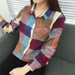 Women's Blouses Spring Summer Vintage Plaid Print Button Up Casual Shirts Women Polo-neck Elegant Top Female Pullover Blouse