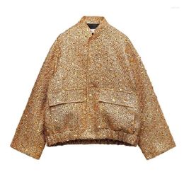 Women's Jackets Autumn Sequins Golden Loose Jacket For Women Sparkle Long Sleeve Casual Bomber With Pockets Female Fashion Coats