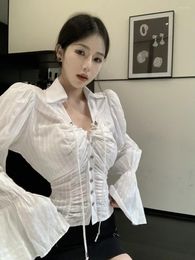 Women's Blouses White Blouse For Women Bandage Tunic Shirts 2024 Blusas Mujer De Moda Fashion Folds V-neck Flare Sleeve Summer Tops