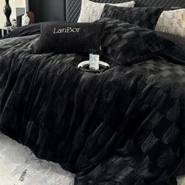 Bedding Sets Black Double Sided Thickened Warm Faux Fur Velvet Fleece Set Solid Color Duvet Cover Bed Sheet Pillowcases