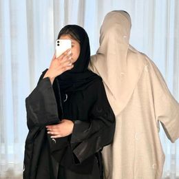 Ethnic Clothing Abaya Linen Kimono Women Moon Embroidery Cardigan Muslim Dress Open Abayas Dubai Hijab Robe Ramadan Eid Islamic Turkey