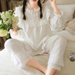 Women Princess Long sleeve Lace Ruffle Pajama Sets TopsPants.Vintage Ladies Cotton Pyjamas Set Victorian Girl's Home Sleepwear 240108