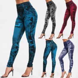 2023 Sexy Astic Imitation Jeans Leggings Women Stretch High Waist Pants Fitness Slim Push Up Leggings For Women Summer