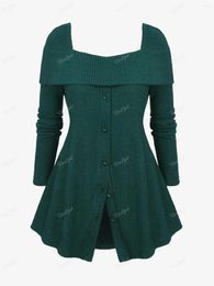 Women's Sweaters ROSEGAL Plus Size Square Neck Sweater Buttons Textured Turn-Down Collar Casual Ribbed Pullovers Deep Green