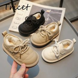 PU Leather Baby Boys Girls Casual Shoes Solid Plush Warm Children Flats Shoes Winter Hook Loop Anti Slip Toddler Kids Shoes 240108