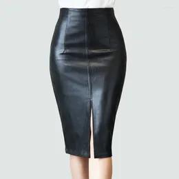 Skirts Fashion Front Slit PU Leather Midi Women Elegant High Waist Bodycon Sheath Jupes 2024 Autumn Sexy Slim Faldas Mujer