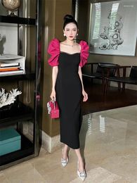 Party Dresses Black Red Patchwork Short Sleeve Midi Women Summer Office Clothes Sweet Cute Sexy A-line Fashion Korean Style Casual