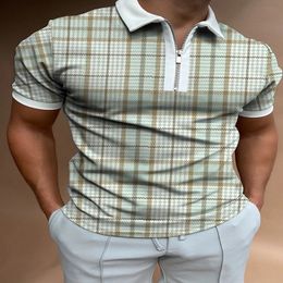 Plaid Texture Houndstooth 3D Print Polo Zipper Short Sleeve Shirt for Men 240106