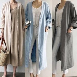 Women's Trench Coats X-Long Solid Korean Spring Autumn Pocket Long Sleeve Loose Cardigan Tops V-neck Straight Ladies Coat