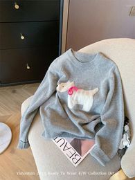 Women's Sweaters Design Grey O-Neck Cashmere Top Autumn Winter Fashion Casual Gyaru Knitted Pullovers Cartoon Office Lady Sweater