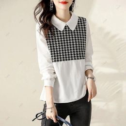Women's Blouses Spring Autumn Shirts Tops 2024 Fashion Elegant Houndstooth Splice Doll Collar Loose Casual Lady Blouse Pullover