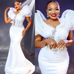 Nigeria South African Prom Dresses Long Mermaid Rehinestones Beaded Sheer Neck White Formal Occasion Evening Gowns Illusion Party Wear Second Reception Gown AM347