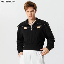 INCERUN Men Hoodies Solid Colour Zipper Lapel Long Sleeve Hollow Out Male Crop Sweatshirts Streetwear Casual Pullovers S-5XL 240106