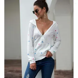 Women's Polos Leisure Spring And Autumn Hooded Star V-neck Printed Sexy Sweater Fashion Cross Pocket Comfortable Long Sleeve