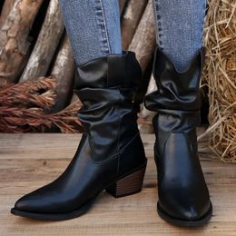 Boots Quality Western Women 2024 Winter Ankle Boot Retro Female Pointed Mid-heel Booties Fashion PU Pleated Lady Shoes Botas