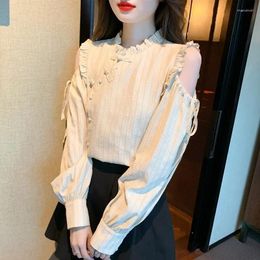 Women's Blouses Chiffon Shirt Loose Stripe Vintage Strapless Clothing Spring/Summer Long Sleeves Fashion Women Tops YCMYUNYAN