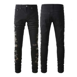 Mens Designer Pants Purple Jeans Amris Trendy Jeans with Distressed Patchwork Camouflage Leather Pattern and Tight Fitting Jeans #842