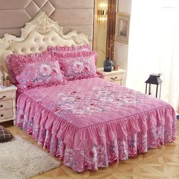 Bed Skirt Double Layer Flowers Quilted Sheets Microfiber Ruffled Thickening Sanding Cover BedLace