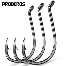 PROBEROS 100PCS J Hooks 1/0-2/0-3/0-4/0-5/0# Barbed Octopus Fishing Hook High Carbon Steel Offset Fishhooks Black Color Pesca 240108