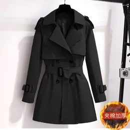 Women's Trench Coats Autumn Winter Fashion Solid Color Flip Collar Lace Up Double Breasted Korean Casual Long Sleeve Slim Fit Coat