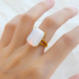 women's stainless steel ring Retro square white jade stone 6/7/8 size small fresh ring with Personalised design and simple temperament,