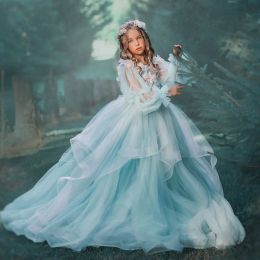 Vintage Long Light Blue Flower Girl Dresses Jewel Neck Tulle Full Sleeves with Appliques Backless Ball Gown Floor Length Custom Made for Wedding Party