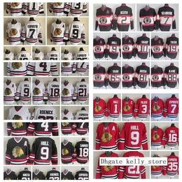 Outfit Retro Chicago Blackhawks Jersey 1 Glenn Hall 3 Pierre Pilote 7 Esposito 21 Stan Mikita 16 Hull Mens Vintage CCM cucita Hockey Je