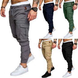 Men's Pants New Men's Casual Pants Elastic Waist Cotton Multi Pocket Solid Colour Pants Cargo Pants Jogging Pants Fitness Pants T240108