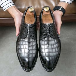 Leather Retro Pointed Toe Oxford Dress Fashion Wedding Business Office Men Crocodile Pattern Formal Shoes