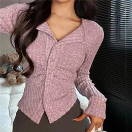 Women's Knits Women Sexy V Neck Turn-Down Knitted Cardigan Sweater Chic Slim Solid Colour Buttons Y2k Tops Autumn Winter Fashion Clothes