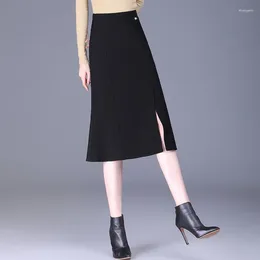 Skirts Black High-waisted Fashion Temperament Wrap Hip Fishtail Skirt Office Lady Elegant Slim Mid-long Bodycon 2389