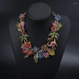 Necklace Earrings Set Fashion Colorful Crystal Rhinestone Flower Flamingo Women Statement Large Collar Choker Wedding Jewelry