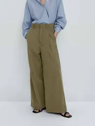 Women's Pants Women Fashion Pleated Decoration Side Pockets Loose Wide Leg Vintage High Waist Zipper Female Trousers Mujer