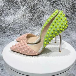 Dress Shoes Green Pink Matte Women Sexy Pointy Toe High Heel With Spikes Open Side Stiletto Pumps For Celebrity Ladies Party