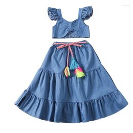 Clothing Sets Summer Kids Girls 3PCS Skirt Outfits Sleeve Plain Crop Tops Long Pleated Tassel Waist Belt 2-7Y