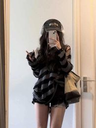 Women's Sweaters 2024 Gothic Streetwear Striped Knitted Sweater Women Harajuku Punk Hollow Out Jumper Hole Loose All-match Tops Grunge
